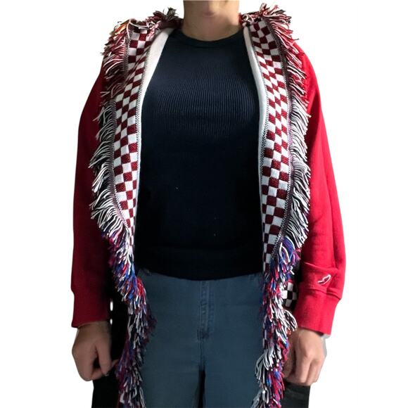 Nascar tapestry cardigan, upcycled woven jacket w fleece sleeves One Size - Picture 6 of 6